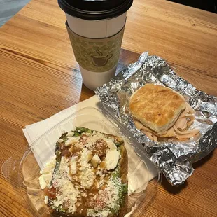 Roma Avocado Toast, Bacon &amp; Berry Jam Biscuit, Caramel Macchiato with Almond Milk