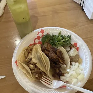 Street tacos; that green sauce in the bottle is magic