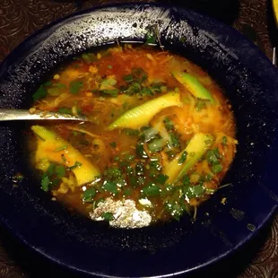 Yum! Tortilla soup with big chunks of avocado and no rice (yay!). Don&apos;t need the starch.