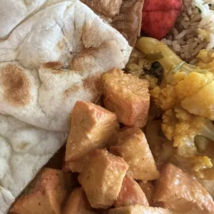 Chicken Tikka Masala, Plain Naan, vegetable Samosa, fried rice with egg and spicy chicken
