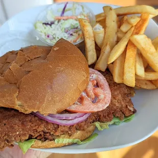 Crispy chicken burger, comes with fries and coleslaw