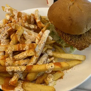 Fried chicken sandwich and spicy ranch fries