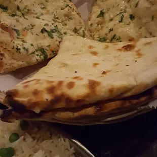 Garlic Naan, Naan stuffed with cheese, and Basmati rice