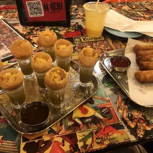 Pani puri and veggie egg rolls!