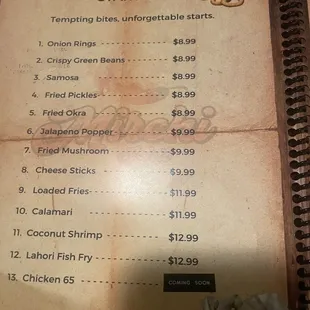 Menu appetizers