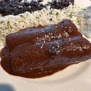#5 Chicken mole enchilada, slow-cooked beef short rib taco, red rice, black beans