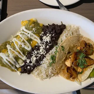 #2 Tomatillo spinach cheese enchilada, shrimp taco, white cilantro rice, black beans