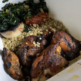 chicken, rice, and greens