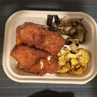 Chicken Schnitzel Plate with turmeric cauliflower and Cabbage in White Wine