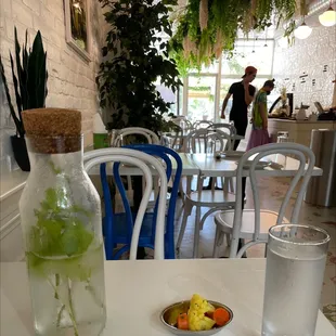 Mint water is complimentary and pickled veggies