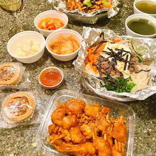 a variety of food items on a table