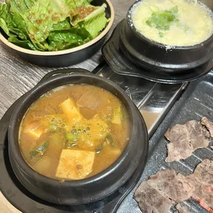 Soy bean soup, steamed egg and salad