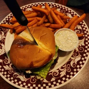 Blue Cheese Bacon Burg + Sweet Potato Fries! Their dill sauce is bomb!!!