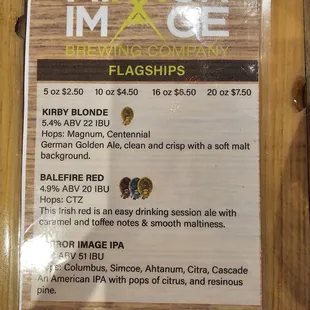 a menu for a beer