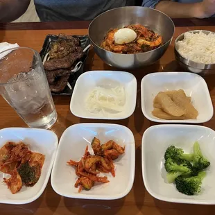 Tasty banchan and the combo with spicy cold noodles and galbi