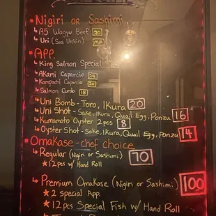 The menu of their specials. We went with the $70 omakase experience (chef curated meal).