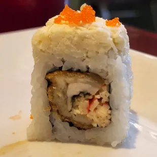 Misako roll: fried oyster &amp; spicy crab inside; lump crab &amp; fish egg outside