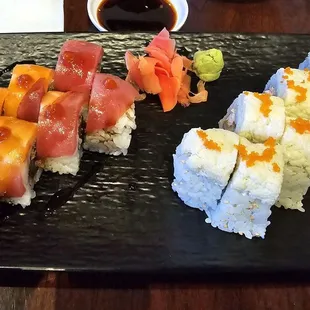 Little Mermaid (left): spicy tuna, tempura crunch; tuna &amp; salmon sriracha, eel sauce | Misako: fried oyster, spicy crab; lump crab, fish egg