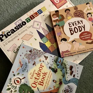 Picasso tiles and two awesome books I will be giving as a gift.