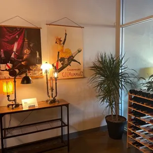 a wine rack and a lamp