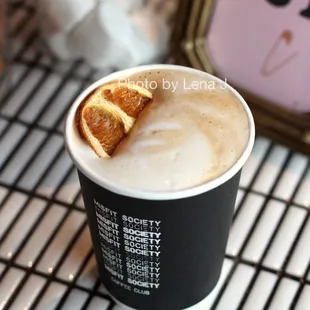 Powder Puff Latte ($4.75) - orange + cinnamon-cayenne syrup. Not too sweet