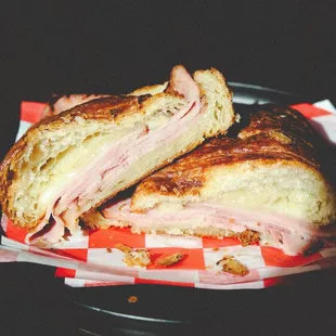 Breakfast sandwiches in Ann Arbor. Ham and cheese croissant sandwich.