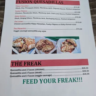 Quesadilla menu