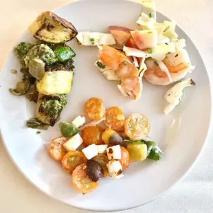 Plate - Summer squash, sungold tomatoes with ricotta, and cold shrimp salad