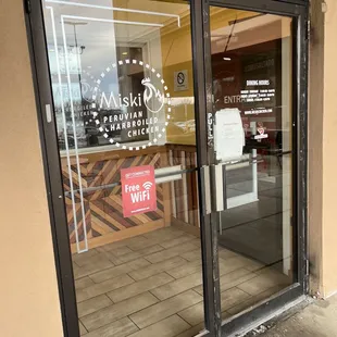 the entrance to a restaurant