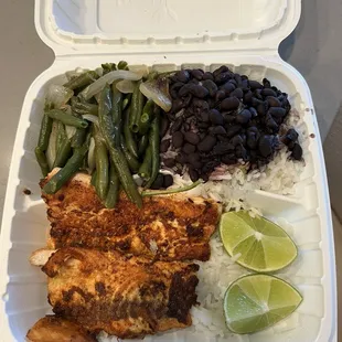Salmon with two sides (rice with bean beans on top and green beans)
