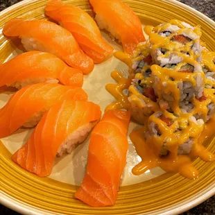 Nice sushi plate  

Featuring salmon nigiri pieces and spicy tuna