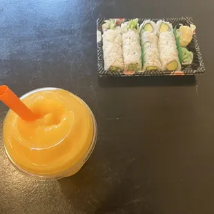 Mango Smoothie With Avocado And Cucumber Rolls