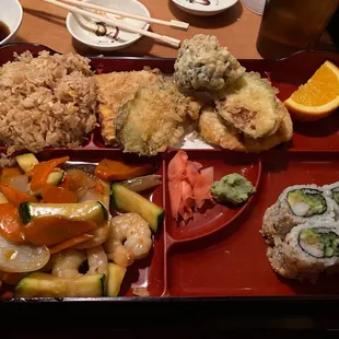 The bento box: Fried rice, vegetable Tempura, California roll, shrimp Teriyaki