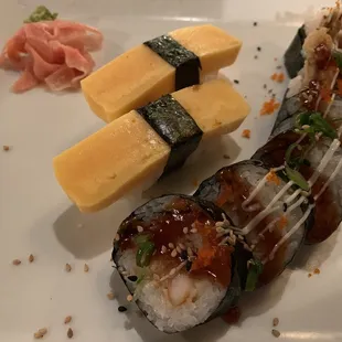 Egg nigiri and shrimp tempura roll