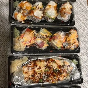 Lobster Tail Roll (Spicy), Fresh, Broadway Roll, Lion King (Specially made upon request), and Philadelphia