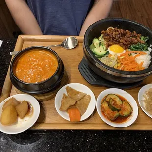 dolsot bibimbap with spicy pork + seafood soondubu lunch tray (also served with salad not pictured)