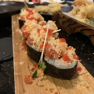 Red Mountain Roll with fried soft shell crab and fresh tuna on top