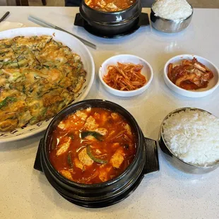 Veggie tofu soup and seafood pajeon