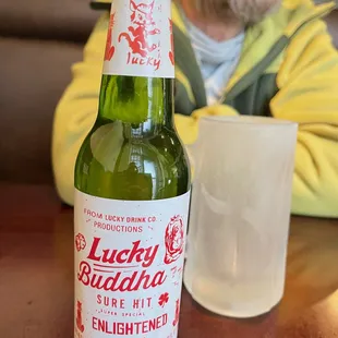 Lucky Buddha beer with a frosted mug.