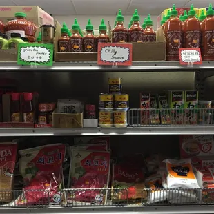 Hot sauces (sriracha, sambal olek, sweet chili sauce, etc.), wasabi pastes/powders, soup bases, rice vinegar, soy sauce, sesame oil, etc.