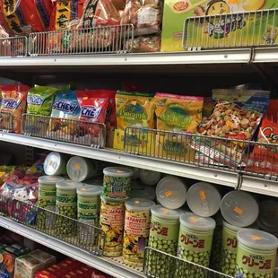 Huge variety of Asian snacks and candy: wasabi peas, Choco Pie, Hi-Chew, shrimp crackers, Pocky, candied ginger, Yan Yan, and more!