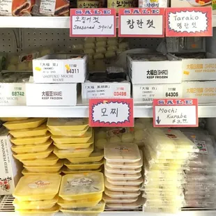 Frozen foods, including mochi