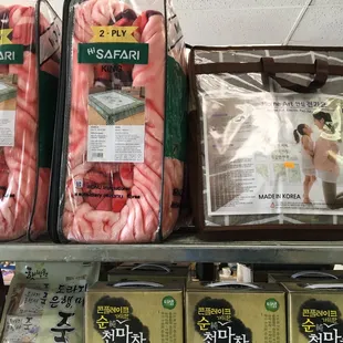 Bedding: faux mink blankets, quilts, and heated mattress pads; plus: cookware, tableware, dinnerware, dishes, utensils, chopsticks, etc.