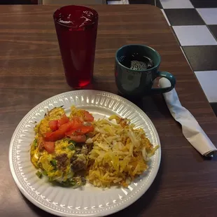 Everything omelet, hash browns and coffee. Yummy!!