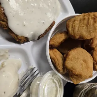 Chicken fried steak, Mashed potatoes n gravy,.fried squash