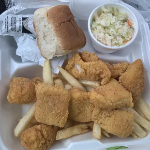 Fish plate for lunch: my vote is go for the chicken instead. And the fries weren't impressive either. Cole slaw was good.