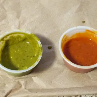 Guasacaca (cilantro based, but not soapy!) &amp; Salsa picante (not super hot. A bright flavor from Turkish Aleppo peppers)