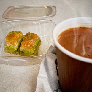 Turkish coffee and pistachio baklava