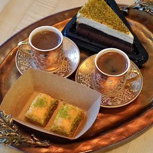 Baklava, pistachio cake, Turkish Coffee (IG: hangryforwhat)