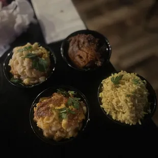 Mac n Cheese, Seasoned Rice, and Sweet Potatoes